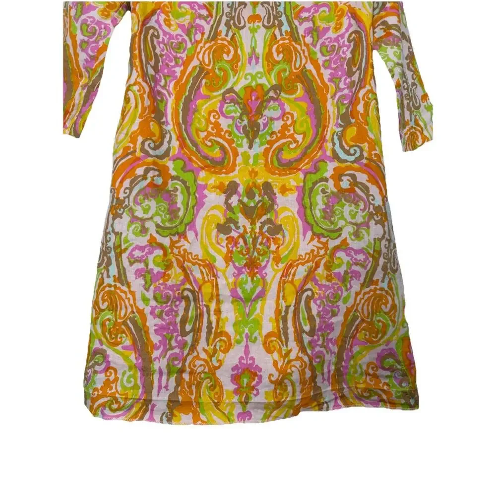 J. Crew Shift Dress Women’s 0 Linen 3/4 Sleeve Mod Paisley‎ Retro Hippie READ